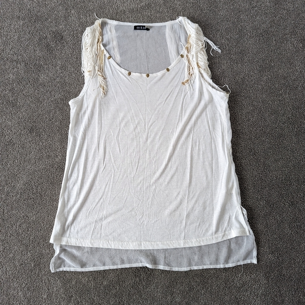 Do & Be Women's Metallic Skeleton Tank Top Blouse Size Medium Metal Fringe Sheer